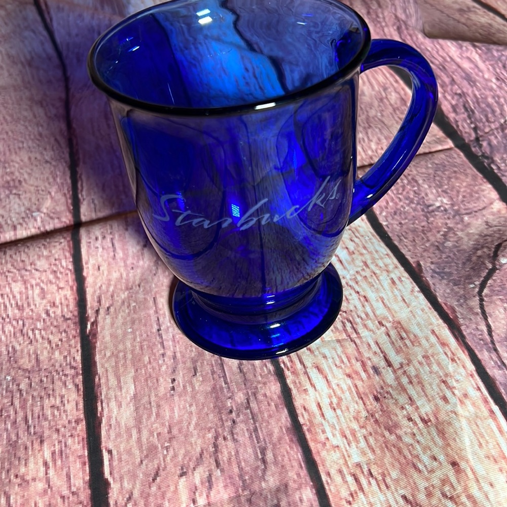 Starbucks Anchor Hocking Cobalt Blue Clear Glass Etched Pedestal Coffee Mug Cup